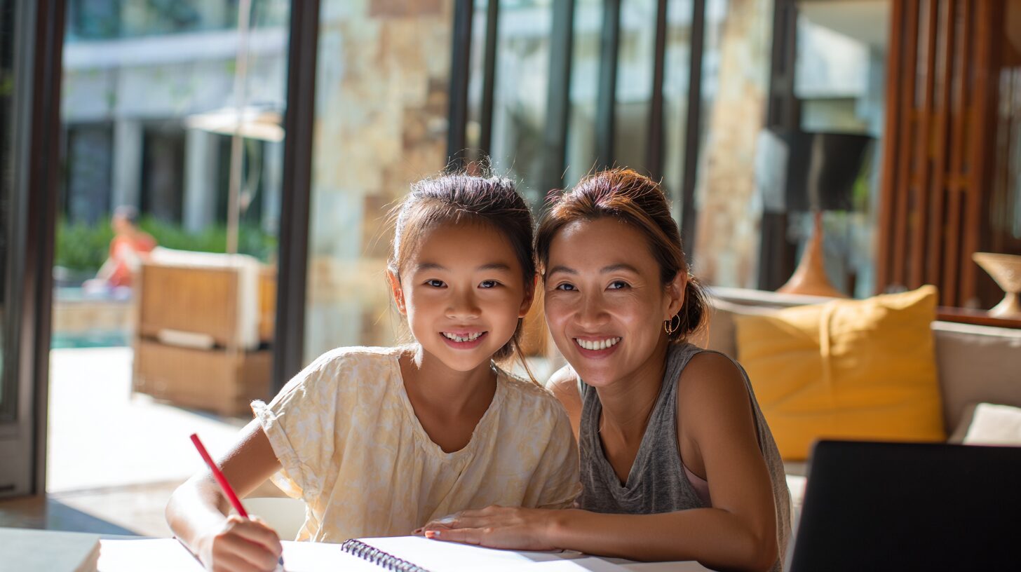 食費の詳細比較を楽しむ親子留学の様子